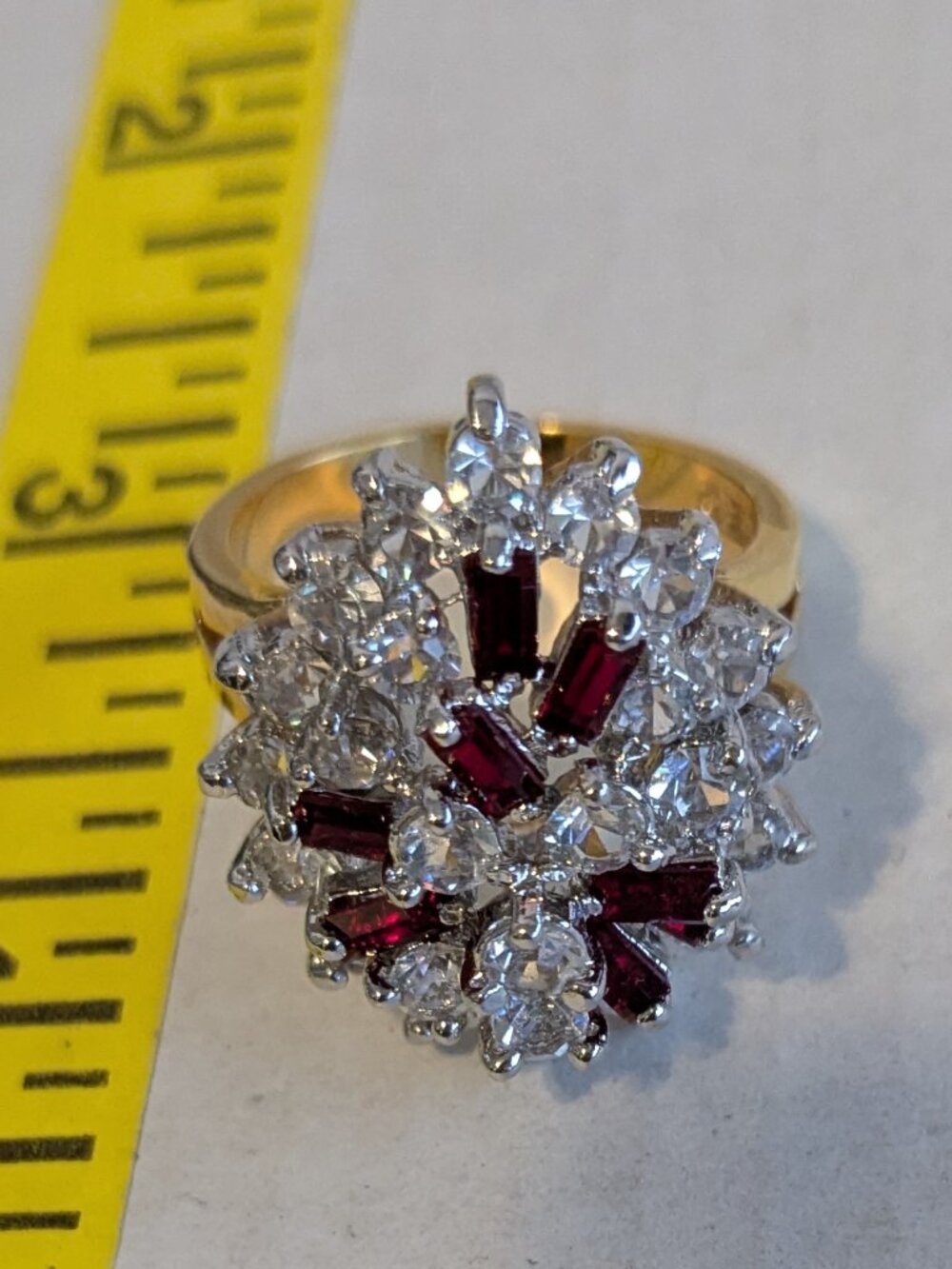 Vtg. 18KT Yellow G.E. Gold Electroplate Red Clear Rhinestone Cocktail Ring Sz 10